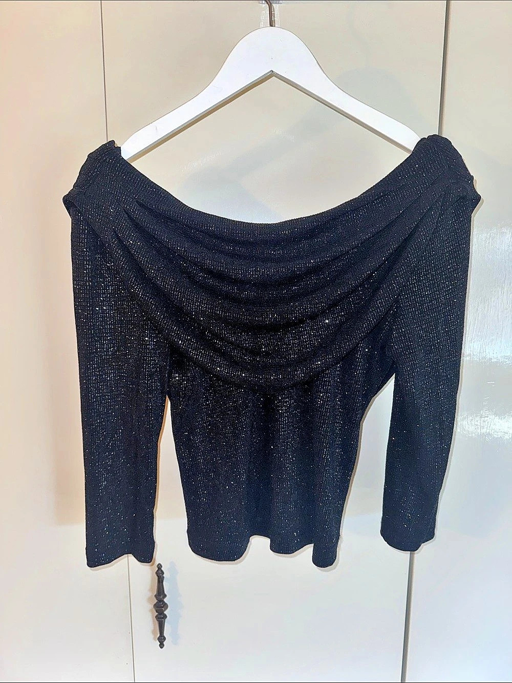 Shimmering Off-The-Shoulder Draped Long Sleeve Top